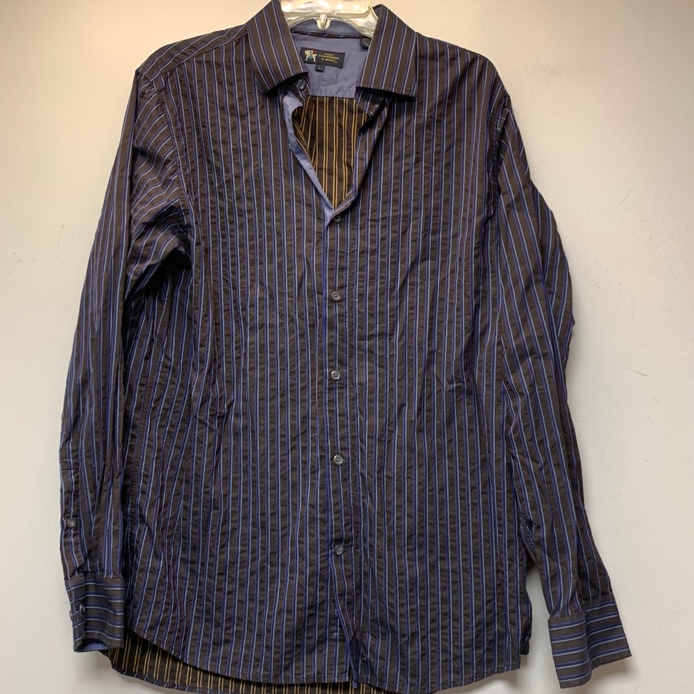 Hart Schaffner Marx Button Down Men L Brown Blue Excellent Striped Cotton Shirt